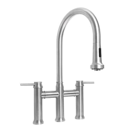 Whitehaus Lead-Free SS Bridge Faucet W/ A Gooseneck Swivel Spout, Pull Down Spray WHS6900-PDK-BSS